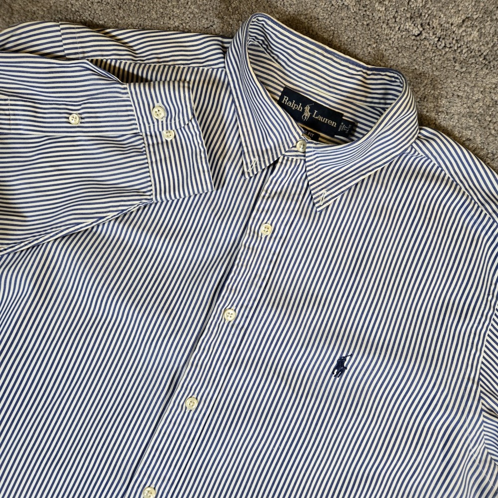 Polo Ralph Lauren Mens Long Sleeve Size 17 (34/35) Navy Striped Button Down